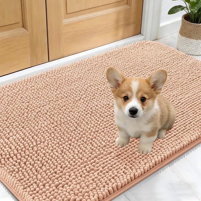 OLANLY Dog Door Mat for Muddy Paws 30x17, Absorbs Moisture and Dirt, Absorbent Non-Slip Washable Doormat, Quick Dry Chenille Mud Mat for Dogs, Entry Indoor Entryway Carpet for Inside Floor, Peach by OLANLY