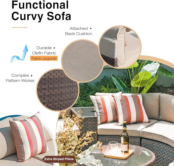 SUNSITT Outdoor 7-Piece Half-Moon Sectional Furniture Set with Round Coffee Table, Patio Curved Sofa Set, Beige Cushion and Brown Wicker, Incl. Waterproof Cover