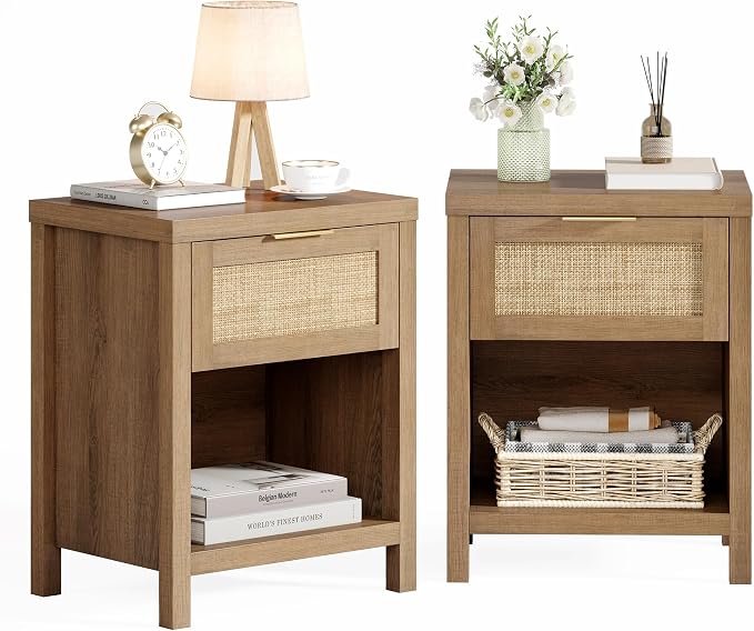 Eclatara Rattan Nightstand Set 2: Boho End Table with Drawer and Storage Shelf, Farmhouse Cane Accent Bedside Night Stands for Bedroom Small Space Sofa (2, Caramel Oak) by Eclatara