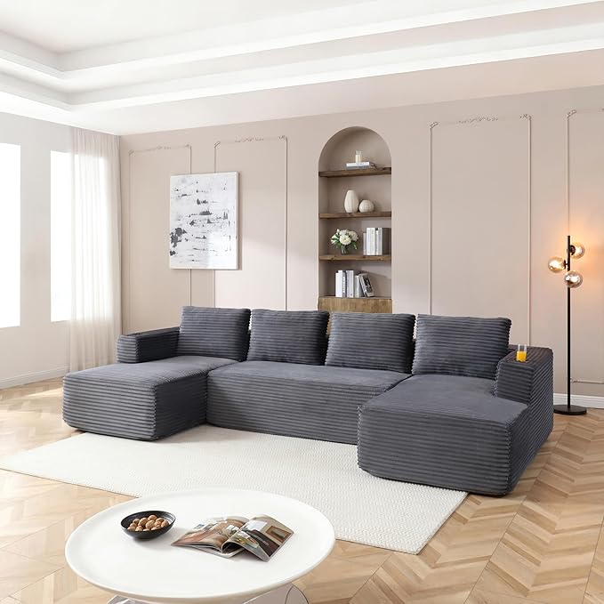 132-Inch U-Shaped Cloud Sectional Couch, Symmetrical Modular Compressed Boneless Sectional Sofa with Chaise Lounges, Plush Corduroy Boneless Corner Sofa W/Cupholders