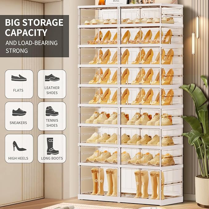 CIMLORD 9-Tier Foldable Shoe Rack for Closet Entryway 18-36Pairs,Stackable Clear Shoe Storage Boxes Organizer with Door Plastic Shoe Cabinet Bins with Lids Shoes Shelf Easy Assembly Large White - Image 3