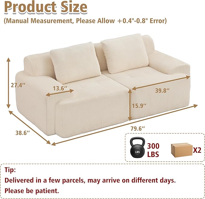 KIGOTY Modular Sectional Sofa, 2 PCS Comfy Cloud Sectional, Corner Couch, Modern Boneless Couch for Living Room, No Assembly Required,White