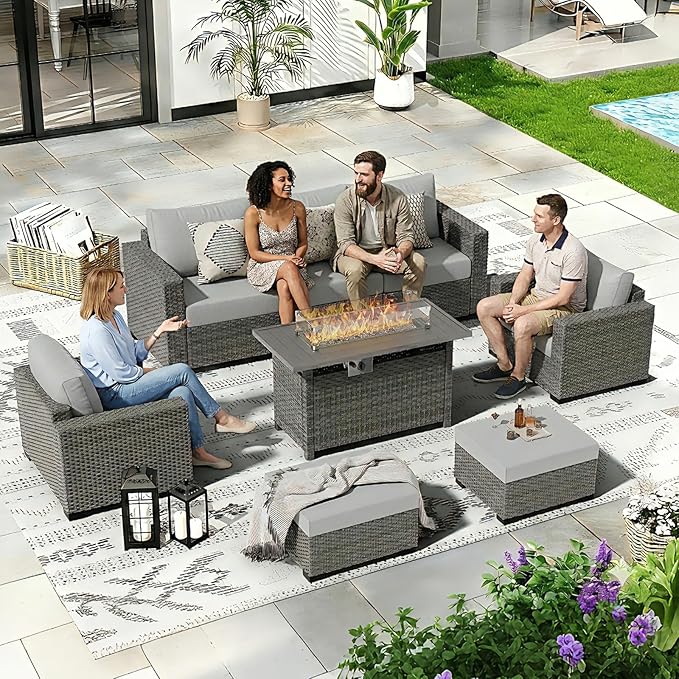 ABCASA 8-Piece Patio Furniture Set with Fire Pit Table | Indoor Comfort for Outdoor Living | Weather-Resistant Wicker & Ultra-Thick Cushions | Grey Patio Conversation Set for Deck, Porch, Poolside