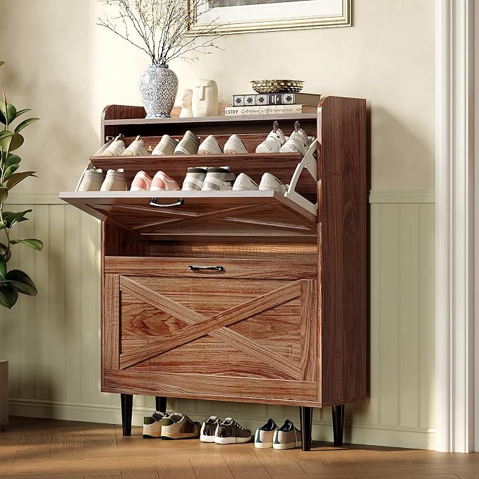 VINGLI Shoe Storage Cabinet for Entryway with 2 Flip Drawers, Ultra Slim Freestanding Entryway Shoe Organizer with Wood Tapered Legs,Hidden Closed Shoe Rack,31.6" W * 9.4" D * 39.4" H, Walnut - Image 8