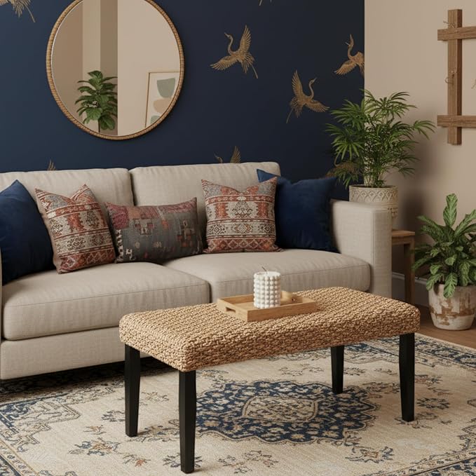 Solid Wood Acacia Indoor Bench with Natural Woven Seat, Boho Bench Entryway, Wood Bench for Living Room, Wooden Bench for Bedroom, Farmhouse Entryway Bench, Dining Benches (Black, Water Hyacinth) - Image 6