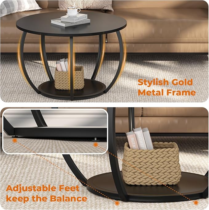 GreenForest Round Coffee Table with 2-Tier Open Storage, 27.6 inch Small Circle Coffee Tables with Adjustable Feet, Modern Mini Center Table for Small Living Room, Black