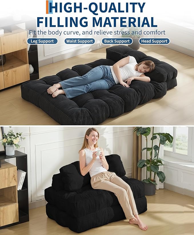 Garvee Folding Sofa Bed, Convertible Sleeper Chair with Pillow Foldable Mattress with Back Support, Boneless Fold Out Chair Bed Comfy Floor Sofa Lounge for Living Room, Bedroom, Black, Full