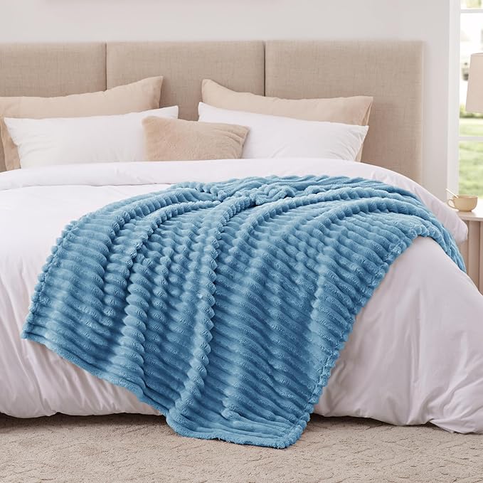 EXQ Home Fleece Throw Blanket for Couch or Bed - 3D Stripe Jacquard Decorative Blankets - Cozy Soft Lightweight Fuzzy Flannel Blanket Suitable for All Seasons(50"??60",Blue)