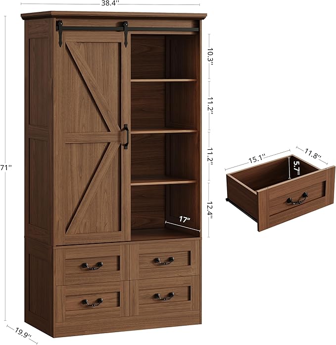 IRONCK Armoire Wardrobe Closet with 4 Drawers,71" Wardrobe Cabinet with Sliding Barn Doors, Tall Clothing Storage Cabinet with Hanging Rod and Shelves for Bedroom,Walnut