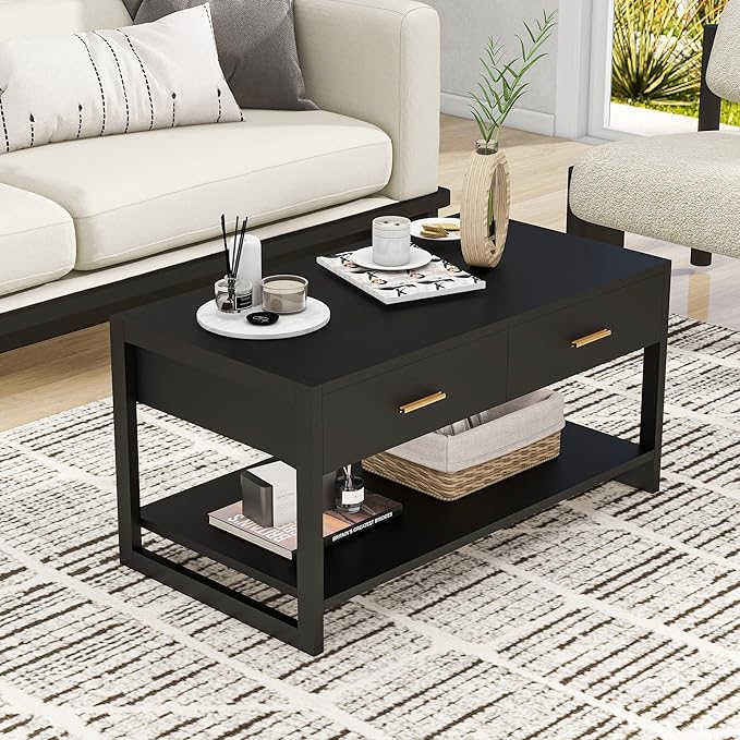 Coffee Table with Sensor Light - Modern Storage Coffee Table with Drawers and Shelf for Living Room, Office, Outdoor