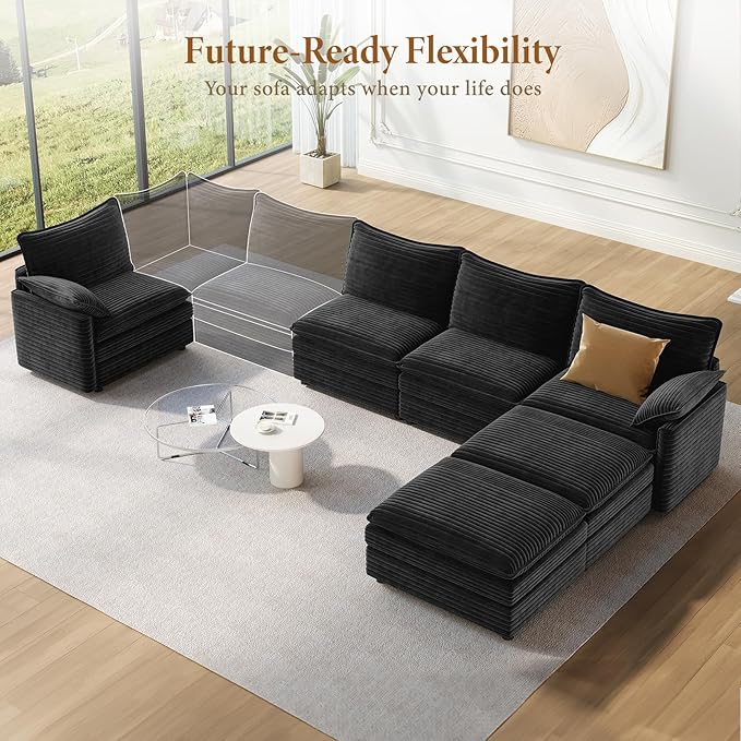 Vesgantti 142" U Shaped Sectional Cloud Couch, Large Cloud Modular Sectional Sofa with 2 Ottoman Deep Seat Corduroy Modern Modular Sofa Set for Living Room, Bedroom, Basement and Apartment, Gray