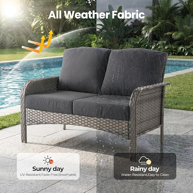 Weaxty Wicker Patio Furniture Set High Back Loveseat Sofa Couch Armchair Coffee Table, All Weather Rattan 4 Pieces Outdoor Conversation Sets for Patio Porch Deck Backyard Poolside, Black
