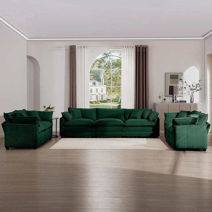 KEIKI 3-Piece Sofa Set with 1 Oversized Corduroy 3-Seater Sofa & 2 Loveseat Sofa, Upholstered 7-Seater Couch Set with 13 Pillow, High-Density Foam Cushions, Removable Armrests, for Living Room, Green