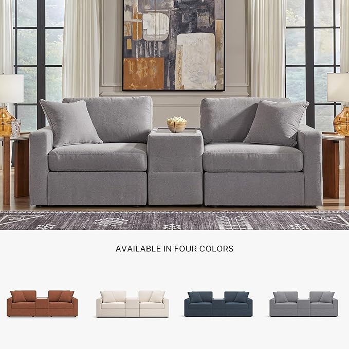 Signature Design by Ashley Modmax Casual Modular Stain Resistant 3-Piece Sectional with Storage Console, Drawer and 2 Accent Pillows, Gray