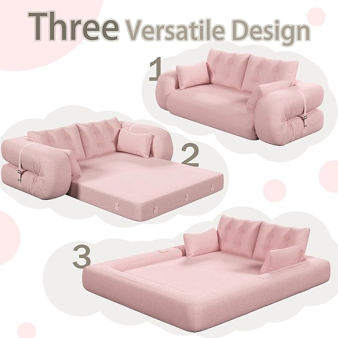 78.7" Convertible Sofa Bed, 3-in-1 Folding Floor Couch with 4 Pillows, Sleeper Sofa for Living Room and Guest Bed, No Assembly Required (Pink, Teddy Fabric)