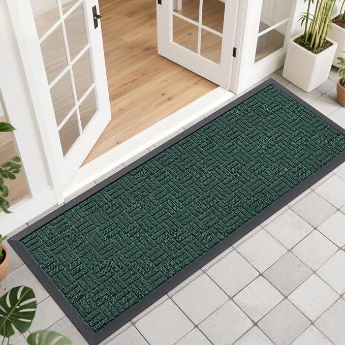 OLANLY Front Door Mat Outside Entrance 47x17, Absorbent, Heavy Duty Sturdy Natural Rubber Doormat Indoor Outdoor, Non-Slip, Stain and Fade Resistant, Low Profile Floor Mat for Entryway, Black Green by OLANLY