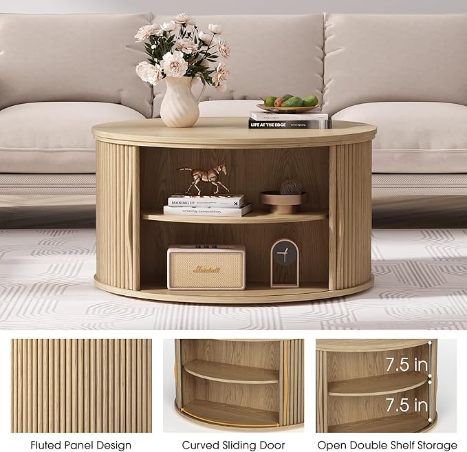 Round Lift Top Coffee Table, 31.5” Mid Century Modern Center Table with Hidden Storage, Fluted Circle Coffee Tables for Living Room, Home Office, Oak
