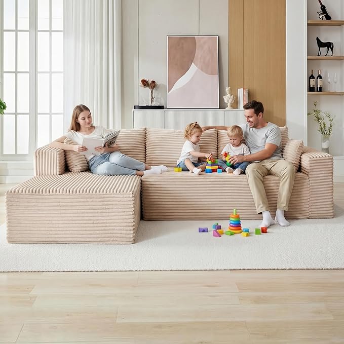 110" Boneless Couch, L Shaped Sofa with Deep Seat, Beige Couch Corduroy Cloud Sectional with Left Facing Chaise, for Living Room Bedroom