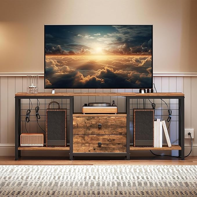YATINEY TV Stand with Power Outlet Up to 60 Inch, Entertainment Center with 2 Fabric Drawers, TV Console Table with Open Storage Shelves for TVs, Cable Management, for Living Room, Bedroom, DS14UBRY1 by Yatiney