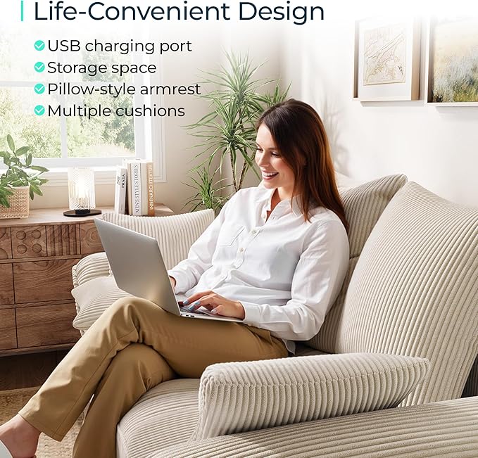LINSY HOME Sectional Loveseat Sofa with Pull Out Chaise (Beige, 62.5'') | USB Charging, Pillow-style Armrest, Multiple Cushions, Side Storage Pockets, Corduroy Fabric