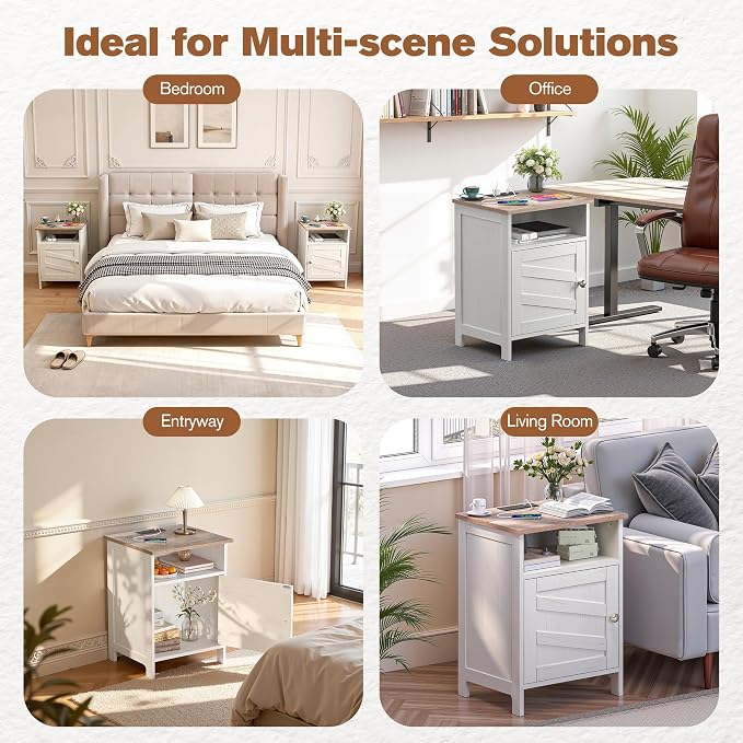 Nightstands Set of 2 with Charging Station, Farmhouse Night Stand with Open Shelf, Bedside Tables with Enclosed Cabinet, Wooden End Table with USB Ports & Outlets for Bedroom - Image 8