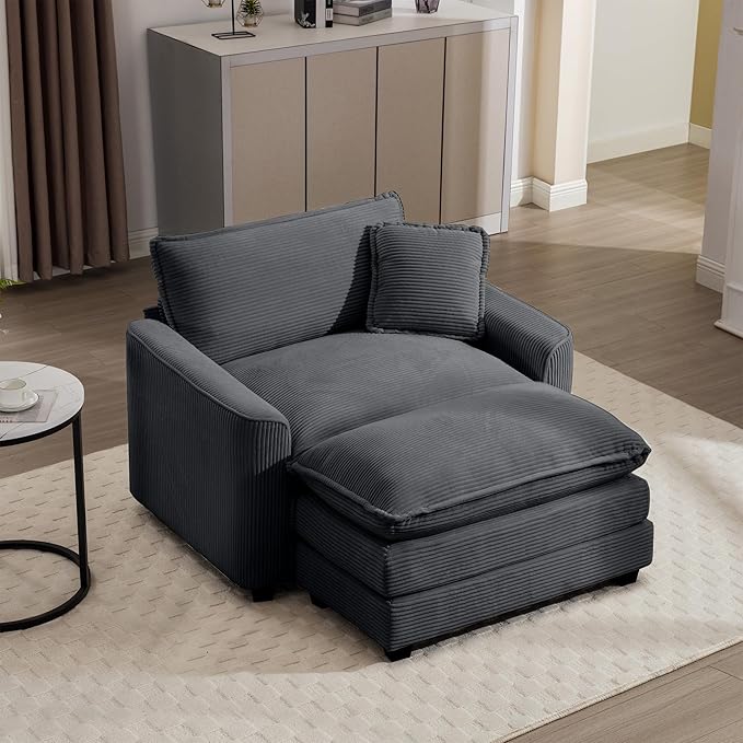 KEIKI 45" Oversized Corduroy Modular Sectional Single Sofa with 1 Ottoman, High-Density Foam Cushions, Removable Armrest, Upholstered 1-Seater Lounge Accent Chair with 1 Pillow, for Living Room, Grey