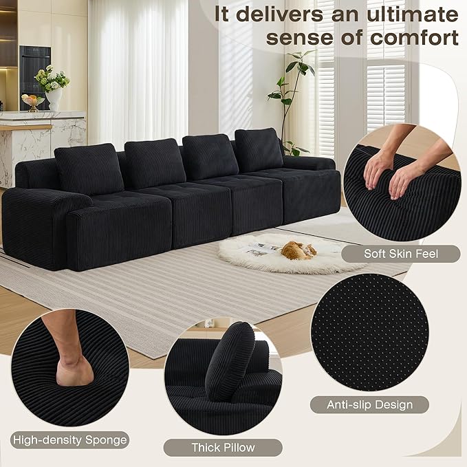 Modular Sectional Sofa, 6 Seat Modular Couch, Modular Sofa with Deep Seat and Detachable Pillow (Black, 4 Pieces-Rowshape)