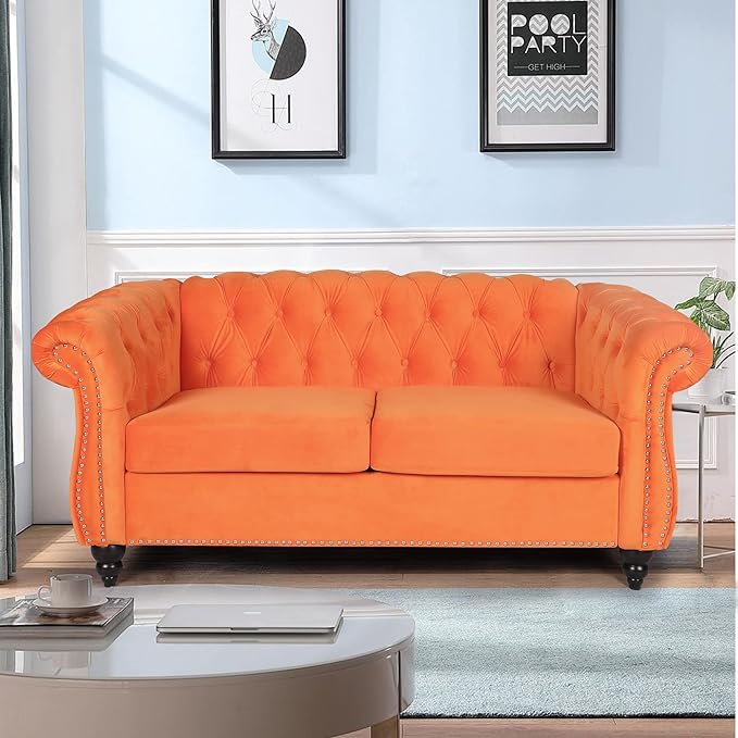 LEVNARY Velvet Sofa, Chesterfield Tufted Upholstered 2 Seater Couch, Modern Loveseat Couch Classic Furniture for Living Room Bedroom (Orange)