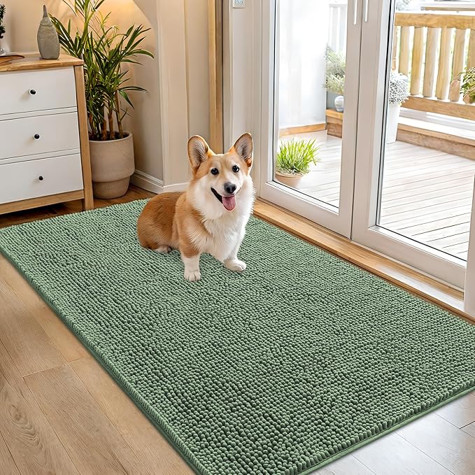 OLANLY Dog Door Mat for Muddy Paws 54x32, Absorbs Moisture and Dirt, Absorbent Non-Slip Washable Doormat, Quick Dry Chenille Mud Mat, Entry Indoor Entryway Carpet for Inside Floor, Olive Green by OLANLY