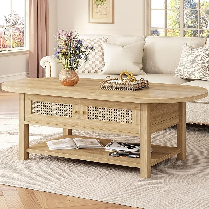 LVB Rattan Coffee Table, Boho Wood Living Room Table with Storage, Oval Modern 2-Tier Cocktail Tea Table with Doors & Open Shelf, Farmhouse Vintage Center Tables for Bedroom Office, Light Oak, 47In