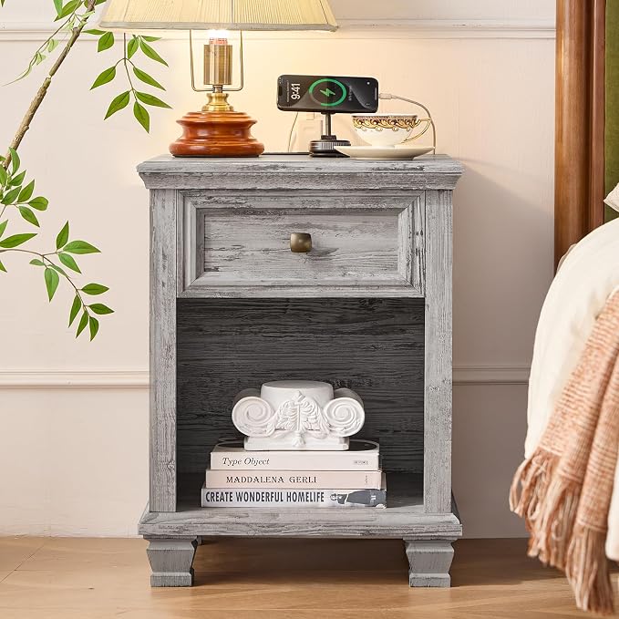 SAVOR LIFE Farmhouse End Tables Living Room Set of 2, Rustic Wood Nightstand with 1 Drawer, Bedside Table with Open Shelf for Bed Room, Side Table for Living Room, Grey - Image 8