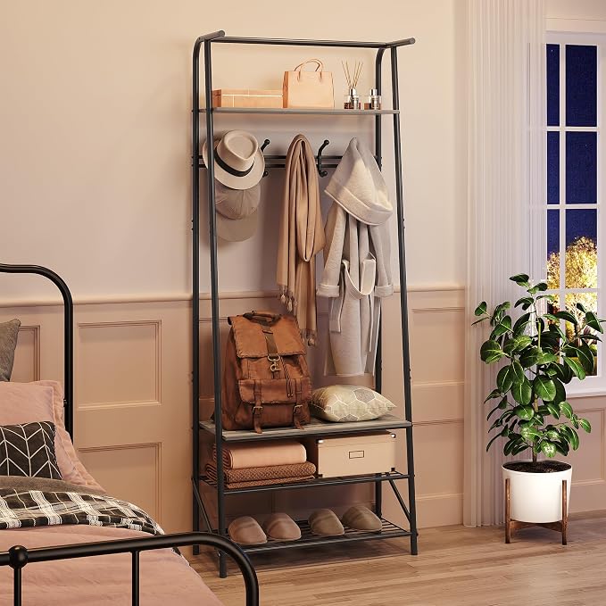 IDEALHOUSE Coat Rack Shoe Bench with 5 Hooks, Hall Trees Entryway Bench with Storage, Wood Look Accent Furniture with Metal Frame for Entryway, Living Room, Bedroom - Image 4