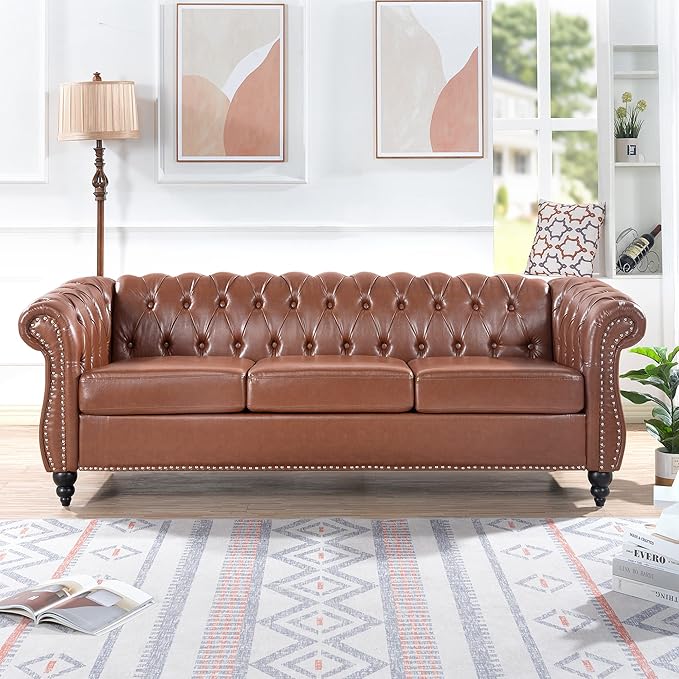 ERYE 84.5-Inch Classic 3 Seat Chesterfield Sofa Couches for Living Room Bedroom, 3 Seaters Button Tufted Faux Leather Upholstered Chesterfield Sofa Couch,Wood Legs | Button Tufted, Easy to Assemble, Nailhead, Removable Cushion