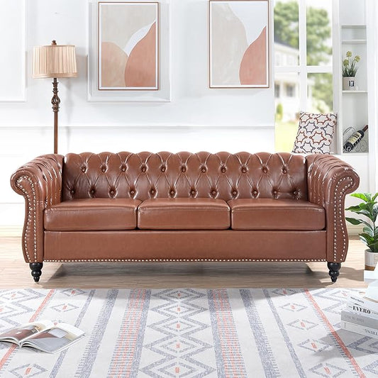ERYE 84.5-Inch Classic 3 Seat Chesterfield Sofa Couches for Living Room Bedroom, 3 Seaters Button Tufted Faux Leather Upholstered Chesterfield Sofa Couch,Wood Legs | Button Tufted, Easy to Assemble, Nailhead, Removable Cushion