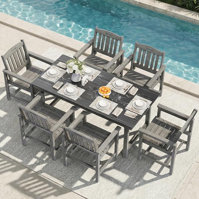 Mdeam 7-Piece HIPS Outdoor Dining Set, 66.9" Marble Texture Patio Table with Umbrella Hole, 440LBS Capacity, 6 Wider Chairs, Dining Table Set for 6, Outdoor Furniture with Galvanized Steel Frame, Grey by MDEAM
