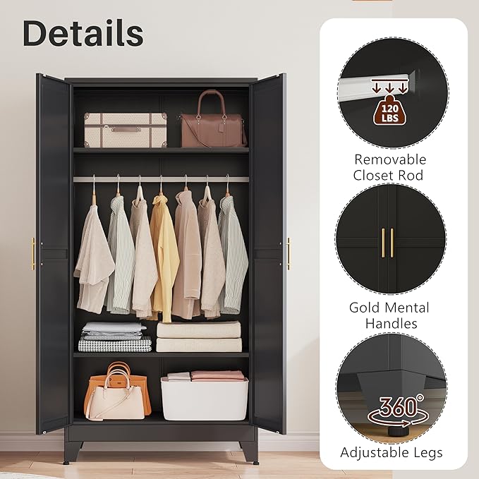 winiowa Metal Armoire Wardrobe Closet with 2 Mirror Doors, 71" Wardrobe Cabinet with Adjustable Shelves and Hanging Rod, Clothing Storage Cabinet Closet with Mirror for Bedroom-Black