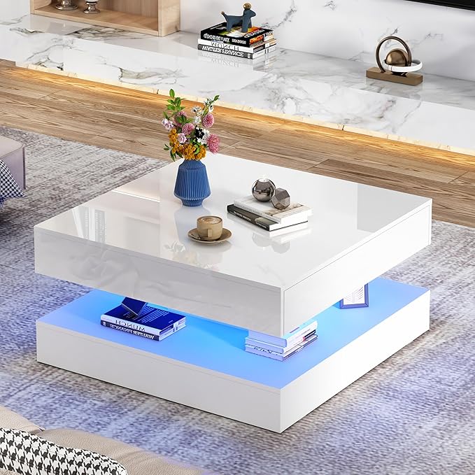 33.9" LED Coffee Table with Storage, Modern High Glossy Living Room Table w/2 Drawers,Double-Layer Design Large Square Center Table for Living Room, Home, Office, White