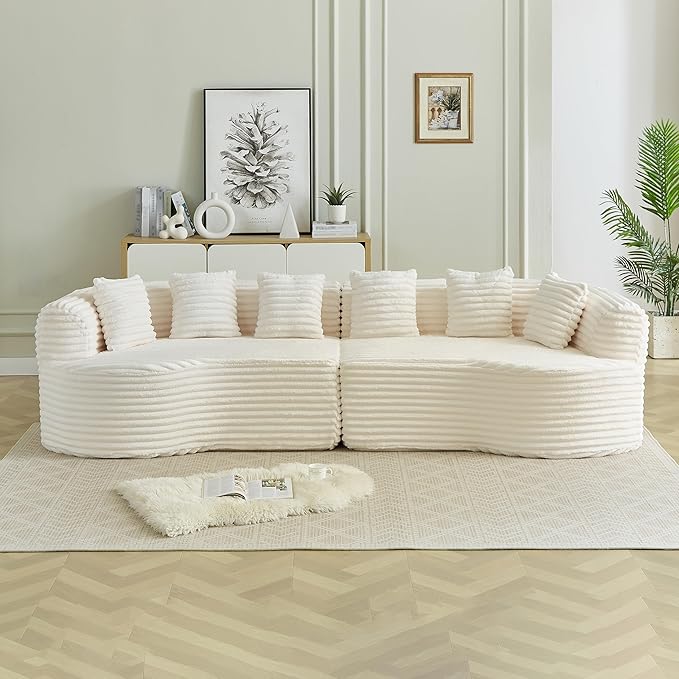 106-Inch Curved Boneless Sofa Couches Compressed 4-Seat Foam Couch for Living Room Bedroom, Boneless Modular Cloud Sofa Curved Floor Couch with 6 Pillows, No Assembly