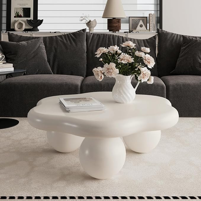 35.03" Cloud Coffee Table for Living Room Unique Coffee Table Modern Low Coffee Tables Cute Center Table with 3 Ball Legs for Small Space Apartment Cream Flower-White
