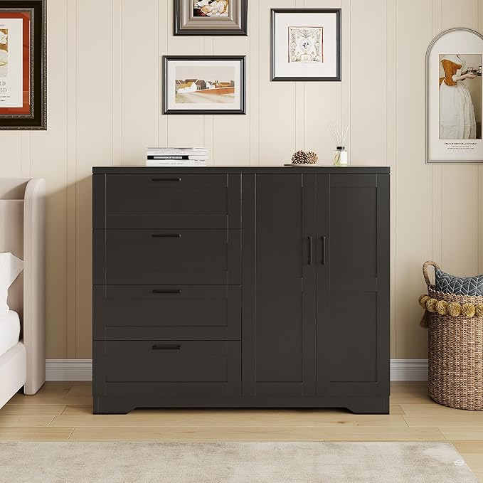 IDEALHOUSE 43.3'' H Armoire Wardrobe Closet with 4 Drawers and 2 Doors, Hanging Rod, Multifunctional Wooden Dresser with Storage Closet, Bathroom Cabinet for Bedroom, Black