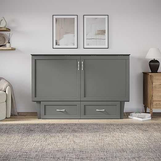 AFI, Chelsea Mid-Century Modern Queen Solid Wood Murphy Bed Chest with 6" Mattress, Storage Drawer & Built-in USB Charger, Grey