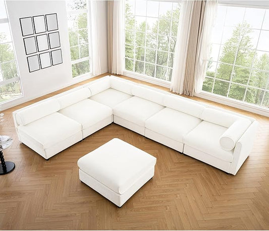 KEIKI 143" Large Modular Chenille Sectional Sofa with Storage Seat, 1 Ottoman, Modern Style 6-Seater Couch with Cylindrical Backrest and 1 Armrests, Easy Assembly, for Apartment, Living Room, White