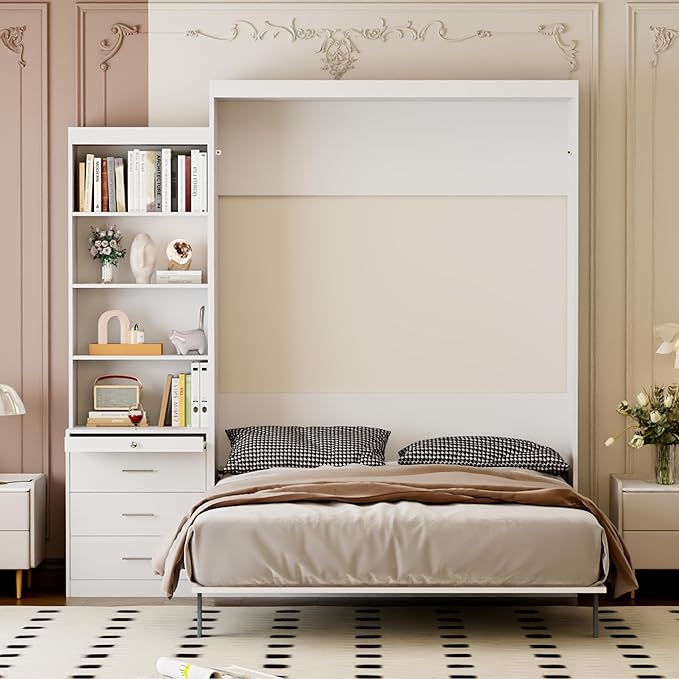 Full Size Murphy Bed Cabinet with Shelf and Drawers, Plywood Hidden Beds,Wall Bedframe for Bedroom,Space-Saving, Noise Free, White