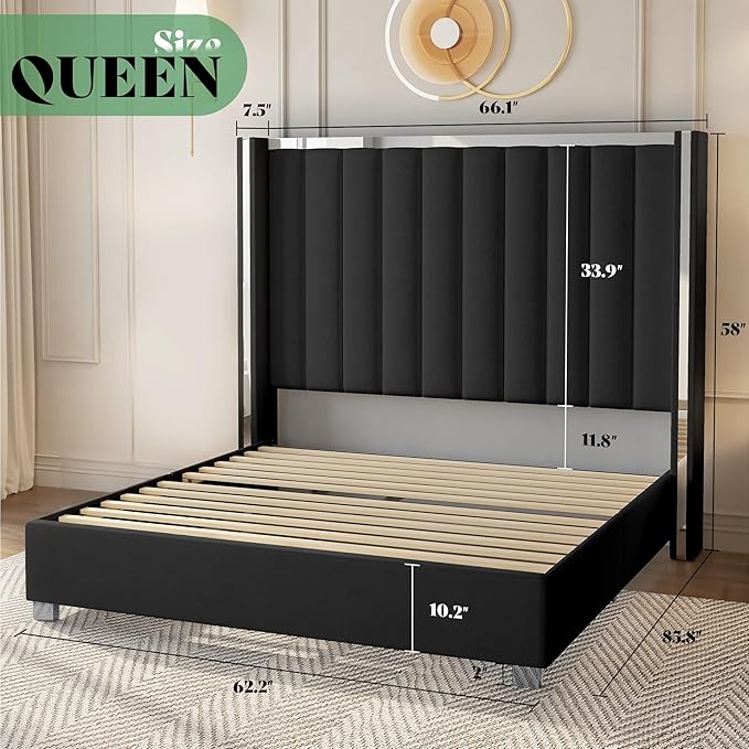 AMERLIFE 5-Piece Modern Bedroom Sets with Queen Size Upholstered Platform Bed Frame, 58" Wingback Headboard, Spacious 6-Drawer Dresser, Tall Chest, and 2 Coordinated Nightstands, Black and White