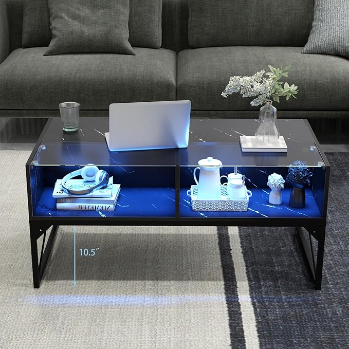 Tangkula LED Coffee Table, High Glossy Center Table with 4 Storage Cubes, Faux Marble & Tempered Glass Top, Adjustable Light Colors, Remote Control, Modern Cocktail Table for Living Room (Black)