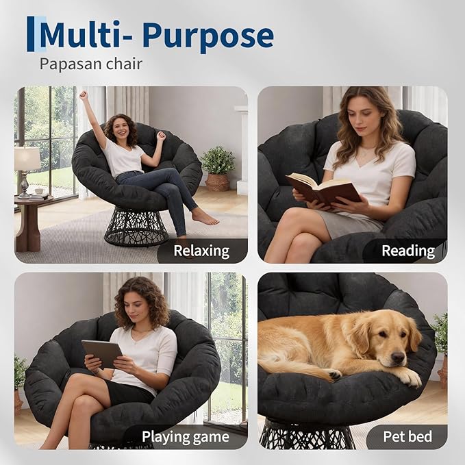 Garvee Papasan Chair, 37" Ergonomic Wicker Papasan Chair with Extra-Thick Soft Fabric Cushion, Heavy-Duty Steel Frame, 360° Swivel Base for Living Room, Bedroom & Reading Nook – All Black