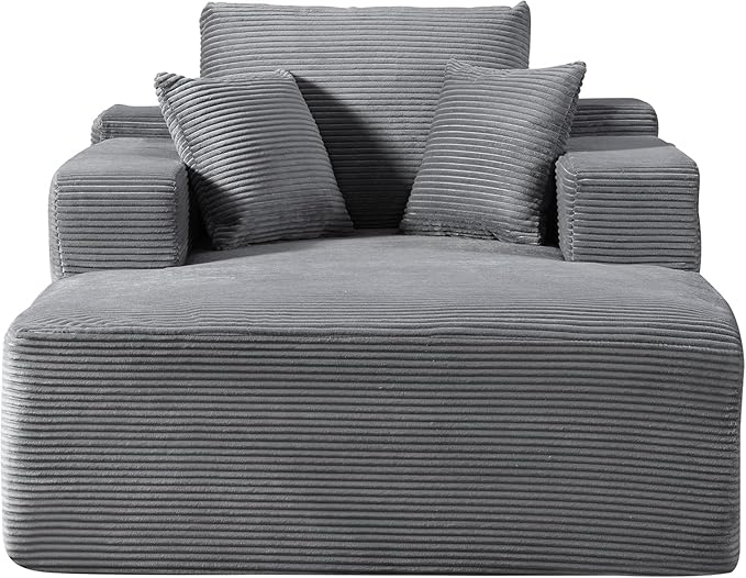 Monroe Convertible Chaise Lounge Chair Indoor – Oversized Corduroy Couch with Wide Armrest & Throw Pillows, Cozy Boneless Sleeper Sofa Bed Armchair, Dark Grey