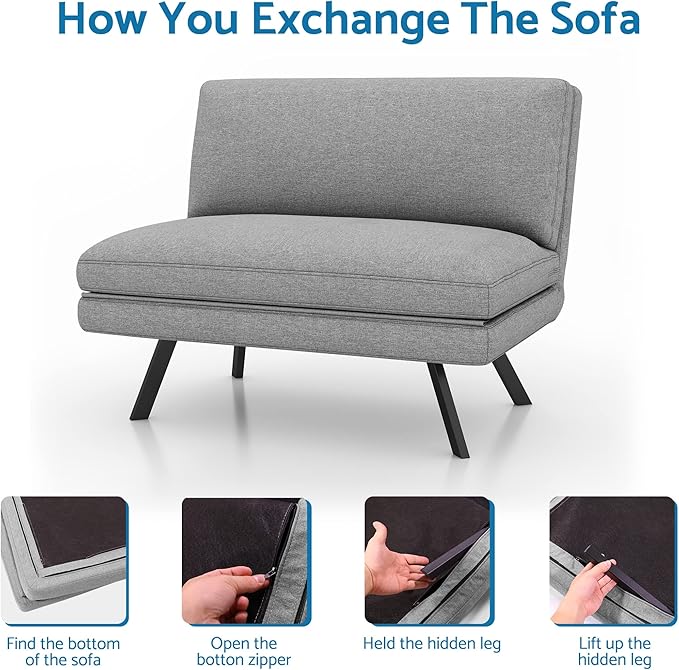 LIFERECORD Convertible Futon Sofa Bed 4 in 1 Multi-Function Modern Mini Single Floor Sleeper Chair with Adjustable Backrest for Living, Small Room Apartment, Dorm, Grey