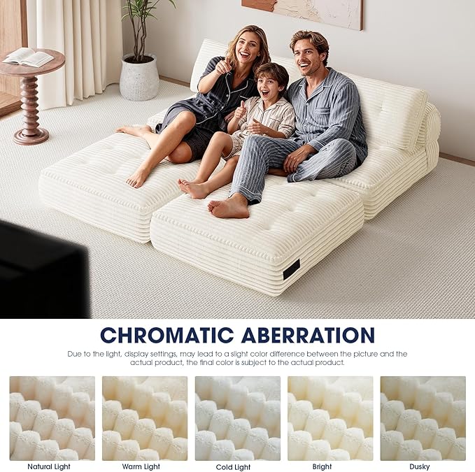 KINGYES Folding Sofa Bed, Corduroy Convertible Sleeper Chair with Pillow, Foldable Single Futon Chair for Living Room, Beige