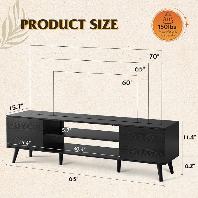 WLIVE Mid-Century Modern TV Stand for 65 70 Inch TV, Entertainment Center with Storage, Adjustable Shelves & Soft-Close, Media TV Console for Living Room/Bedroom, Black - Image 3